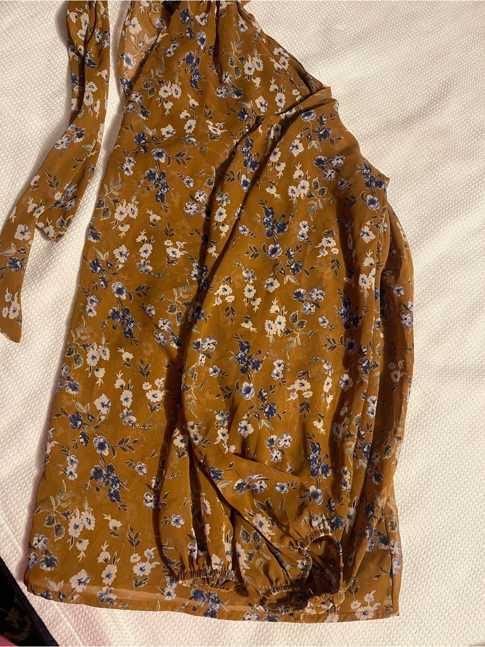 Floral Tie-Neck Women's Dress in Mustard